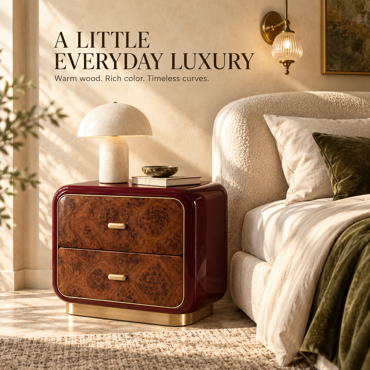 Sculptural Burgundy Burl Wood Nightstand with Brass Accents