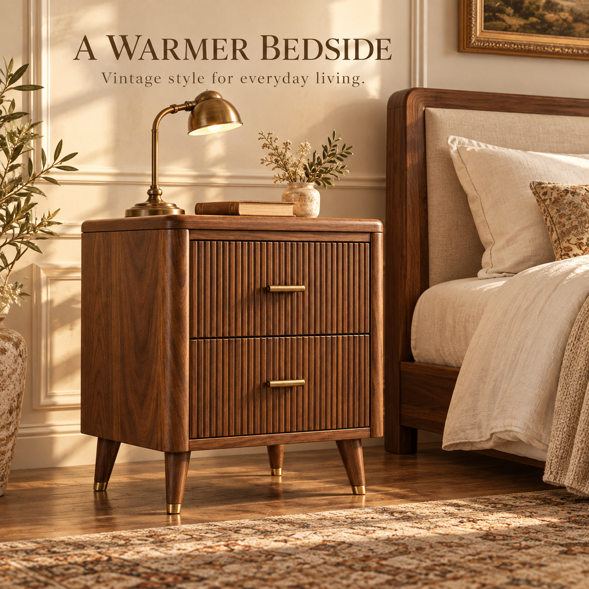 Fluted Walnut Bedside Table with Brass Accents