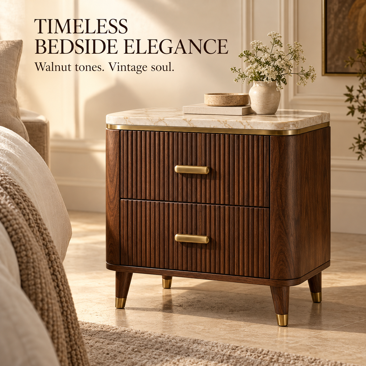 Fluted Walnut 2-Drawer Nightstand with Stone-Look Top