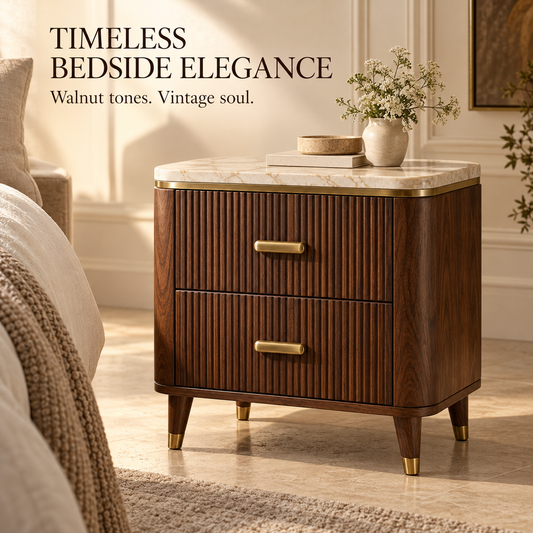 Fluted Walnut 2-Drawer Nightstand with Stone-Look Top
