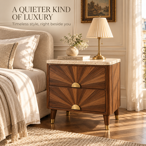 Vintage Sunburst Walnut Nightstand with Travertine Top