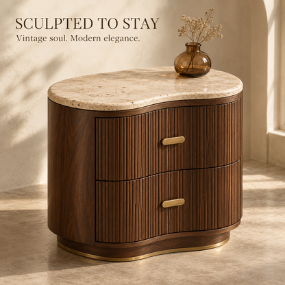 Reeded Walnut Nightstand with Stone-Inspired Top & Brass Accents
