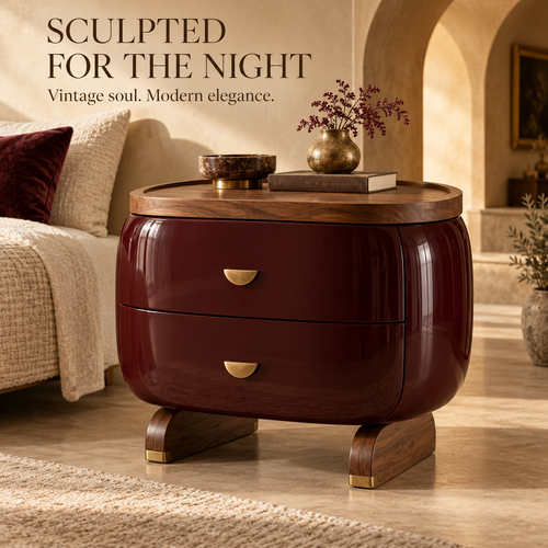 Sculptural Burgundy Walnut Bedside Table with Brass Accents