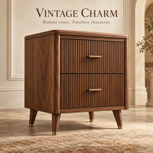 Fluted Walnut Bedside Table with Brass Accents