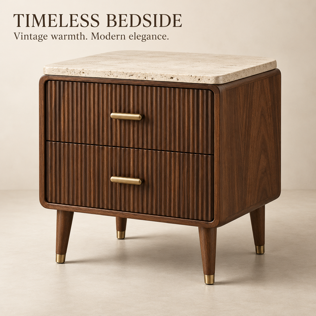 Travertine-Top Fluted Walnut 2-Drawer Nightstand