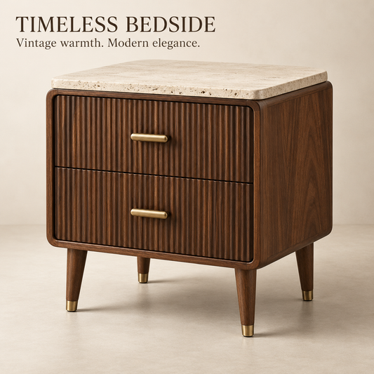 Travertine-Top Fluted Walnut 2-Drawer Nightstand