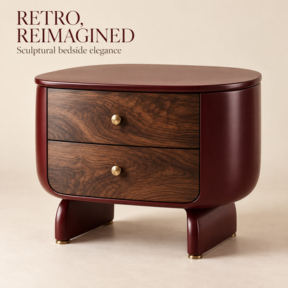 Retro Sculptural Walnut Bedside Table – Burgundy
