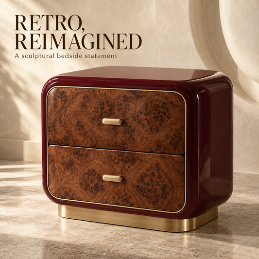 Sculptural Burgundy Burl Wood Nightstand with Brass Accents