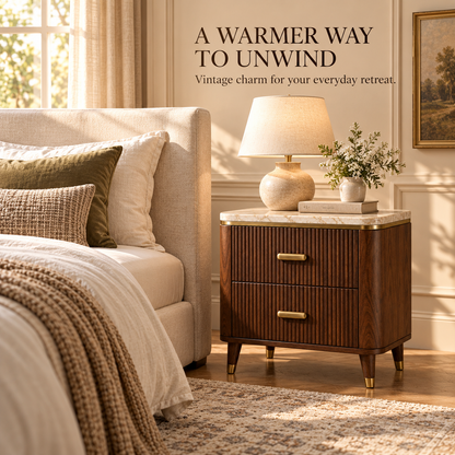 Fluted Walnut 2-Drawer Nightstand with Stone-Look Top