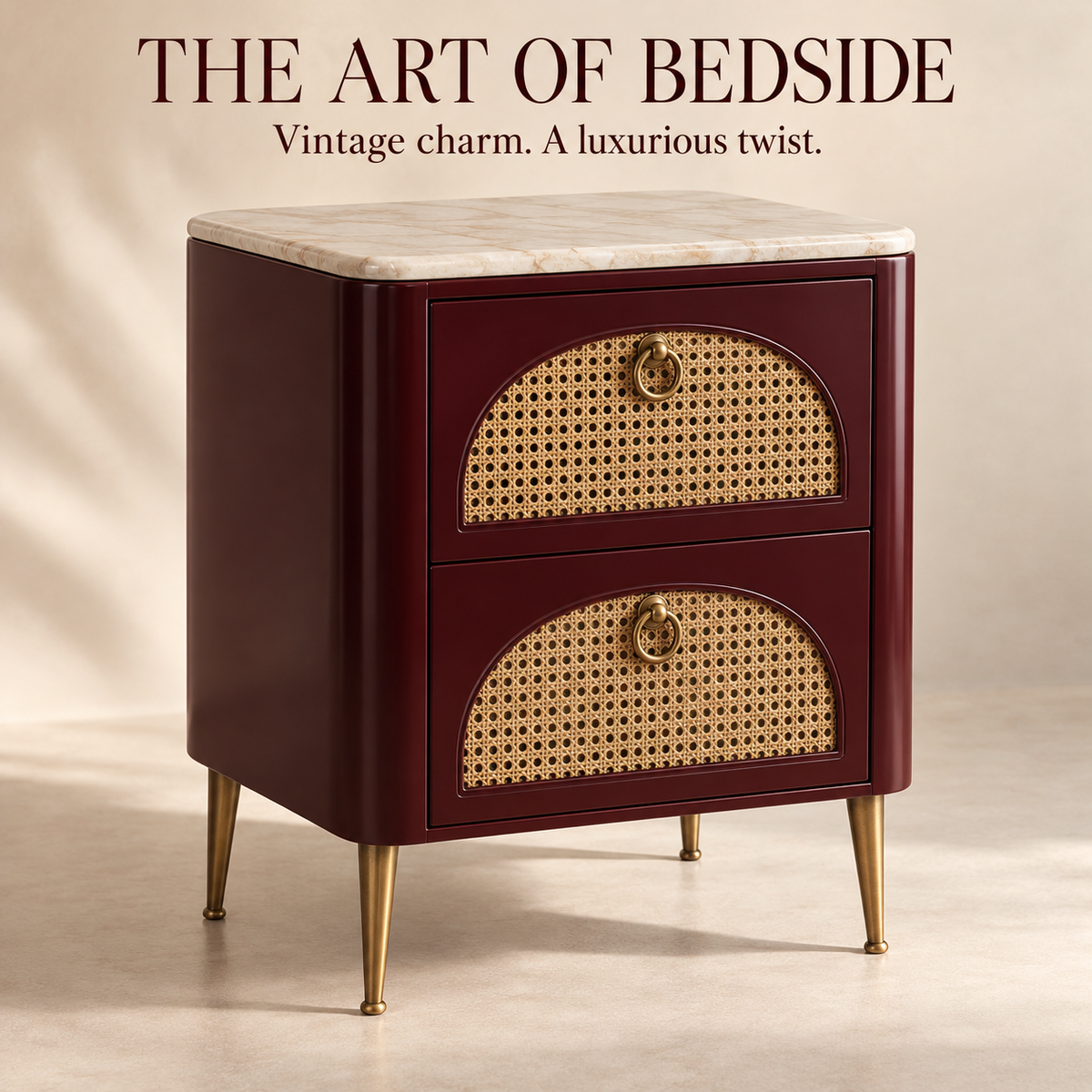 Burgundy Cane Front Nightstand with Marble-Style Top