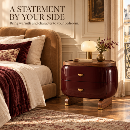 Sculptural Burgundy Walnut Bedside Table with Brass Accents