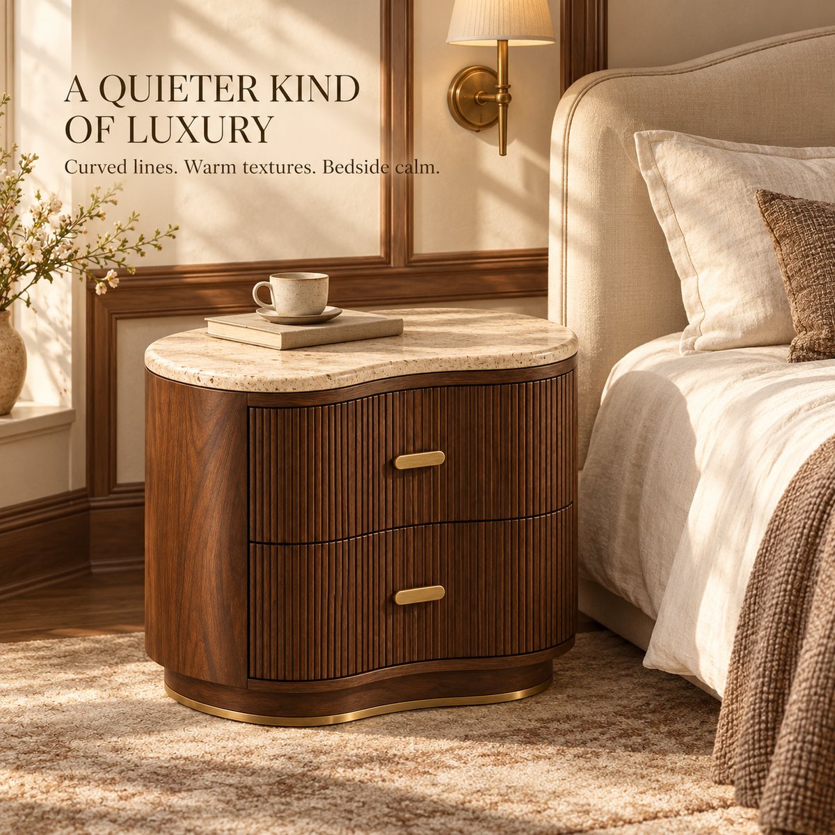 Reeded Walnut Nightstand with Stone-Inspired Top & Brass Accents
