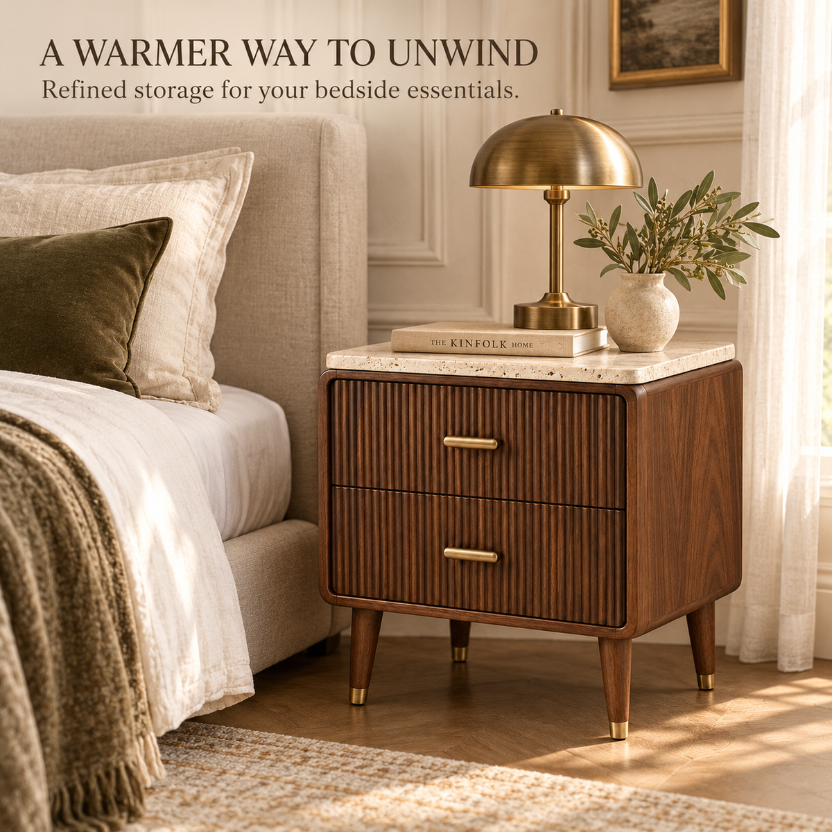 Travertine-Top Fluted Walnut 2-Drawer Nightstand