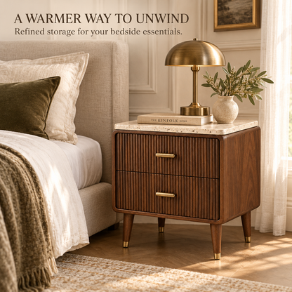 Travertine-Top Fluted Walnut 2-Drawer Nightstand