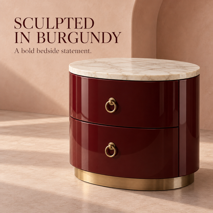Burgundy Oval Marble-Top Nightstand with Brass Ring Pulls