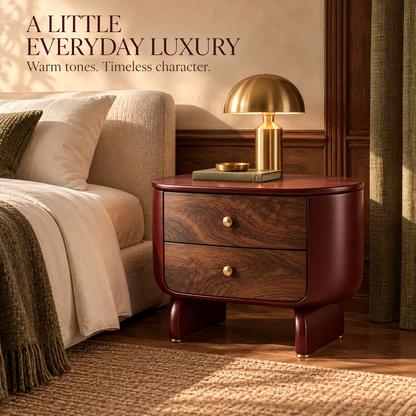 Retro Sculptural Walnut Bedside Table – Burgundy