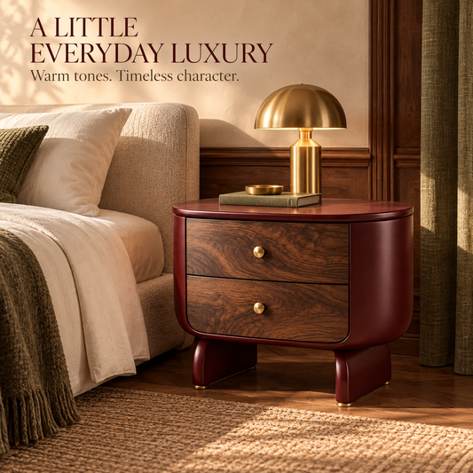 Retro Sculptural Walnut Bedside Table – Burgundy