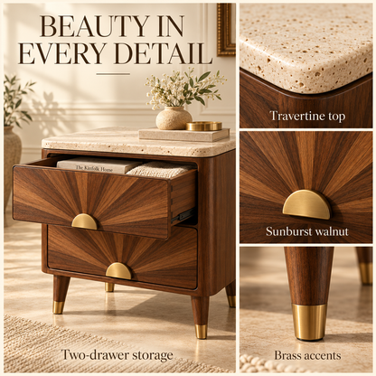 Vintage Sunburst Walnut Nightstand with Travertine Top