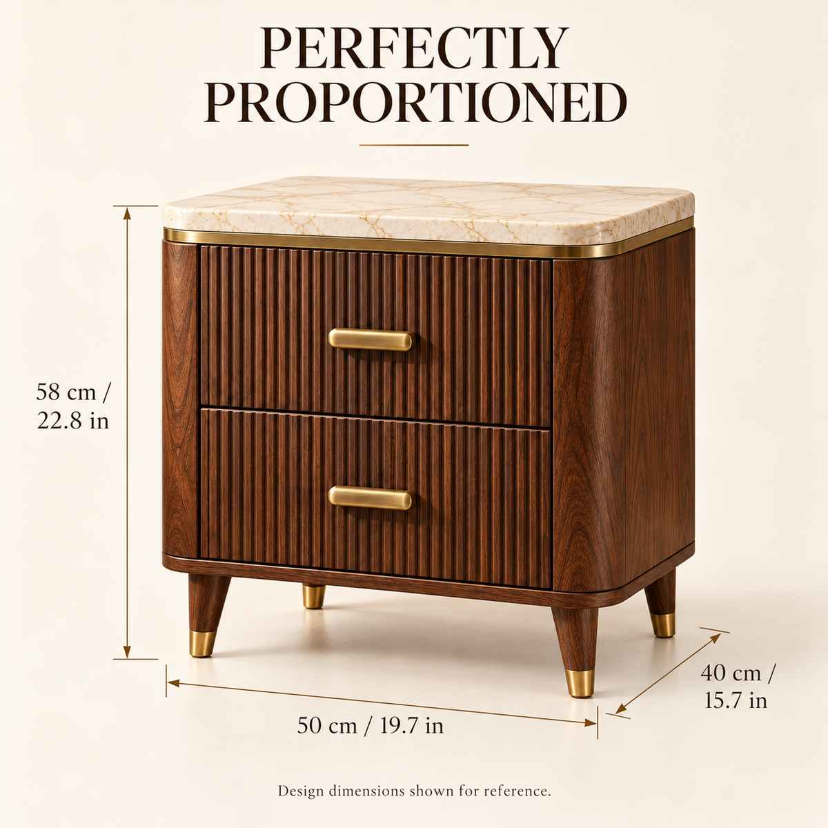 Fluted Walnut 2-Drawer Nightstand with Stone-Look Top