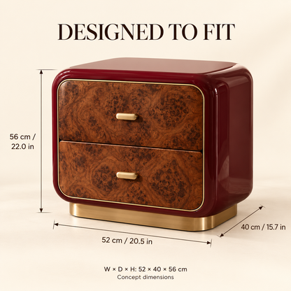 Sculptural Burgundy Burl Wood Nightstand with Brass Accents
