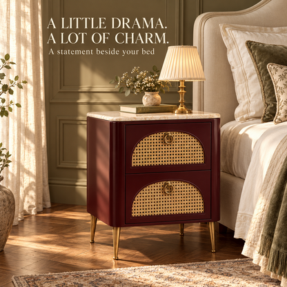 Burgundy Cane Front Nightstand with Marble-Style Top