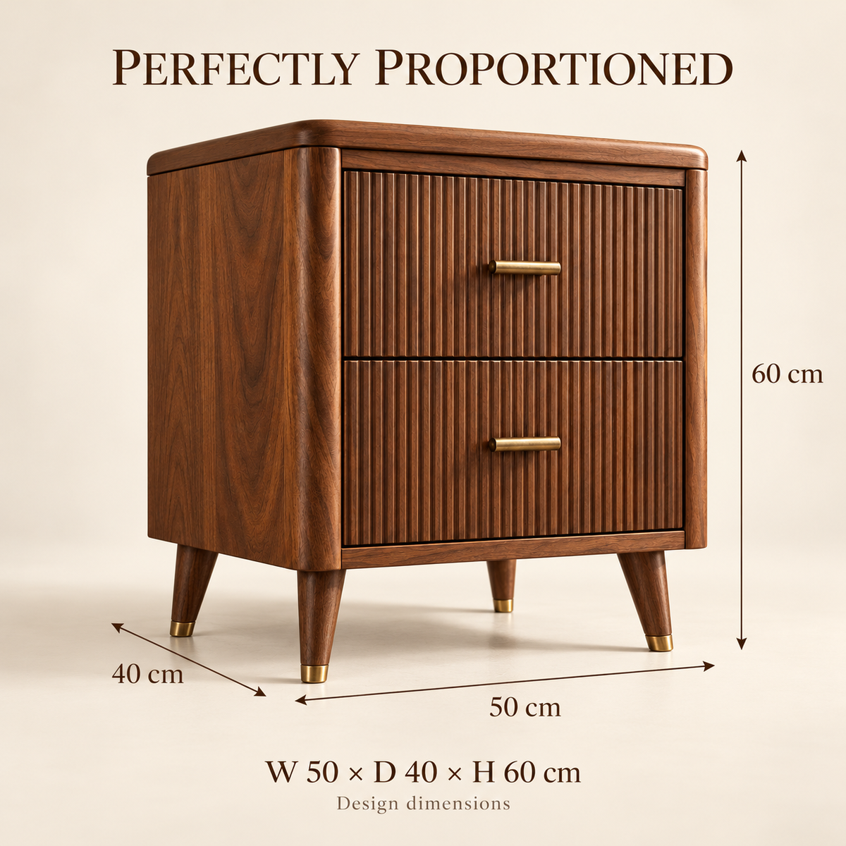 Fluted Walnut Bedside Table with Brass Accents