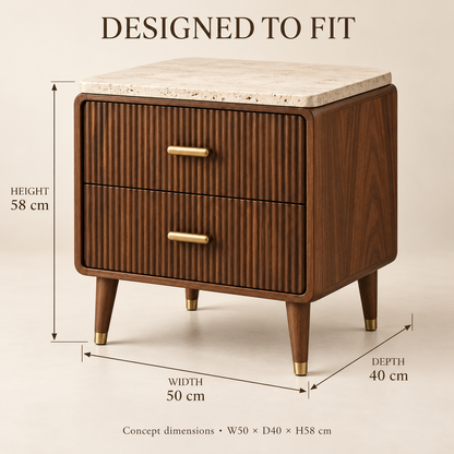 Travertine-Top Fluted Walnut 2-Drawer Nightstand