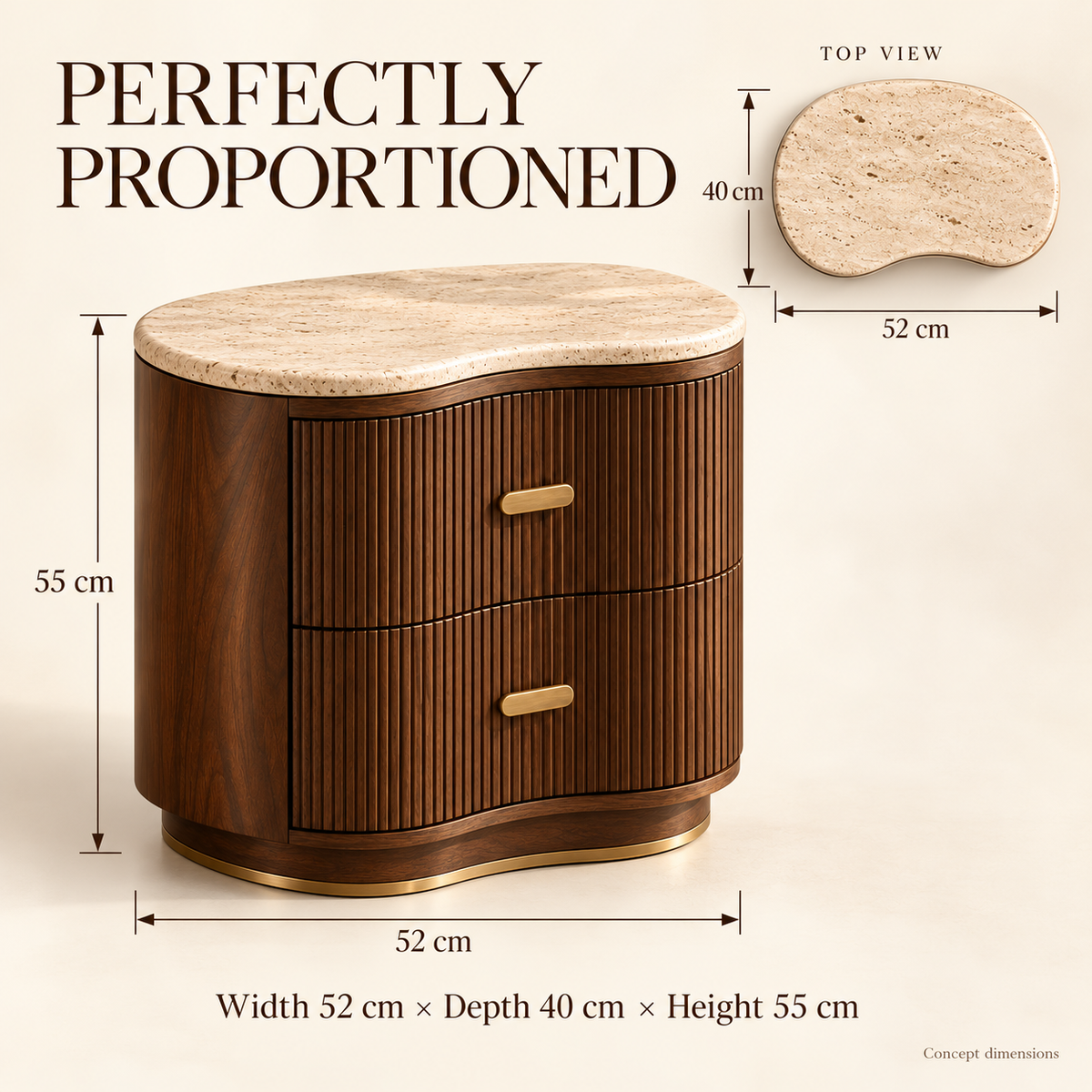 Reeded Walnut Nightstand with Stone-Inspired Top & Brass Accents