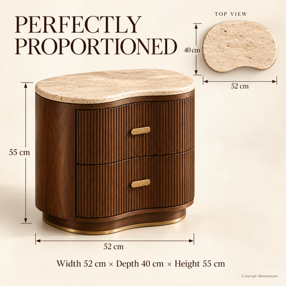 Reeded Walnut Nightstand with Stone-Inspired Top & Brass Accents