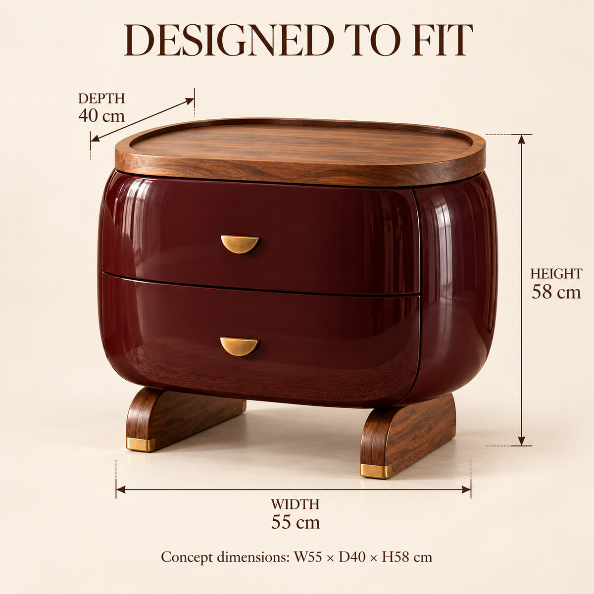 Sculptural Burgundy Walnut Bedside Table with Brass Accents