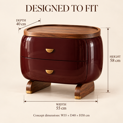 Sculptural Burgundy Walnut Bedside Table with Brass Accents