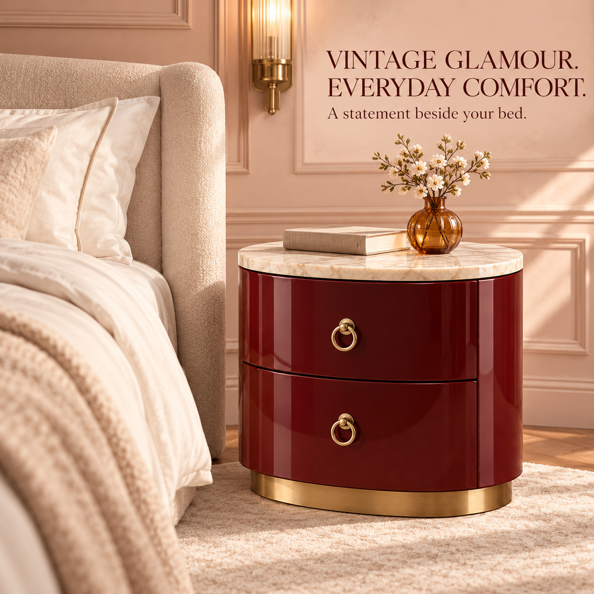 Burgundy Oval Marble-Top Nightstand with Brass Ring Pulls