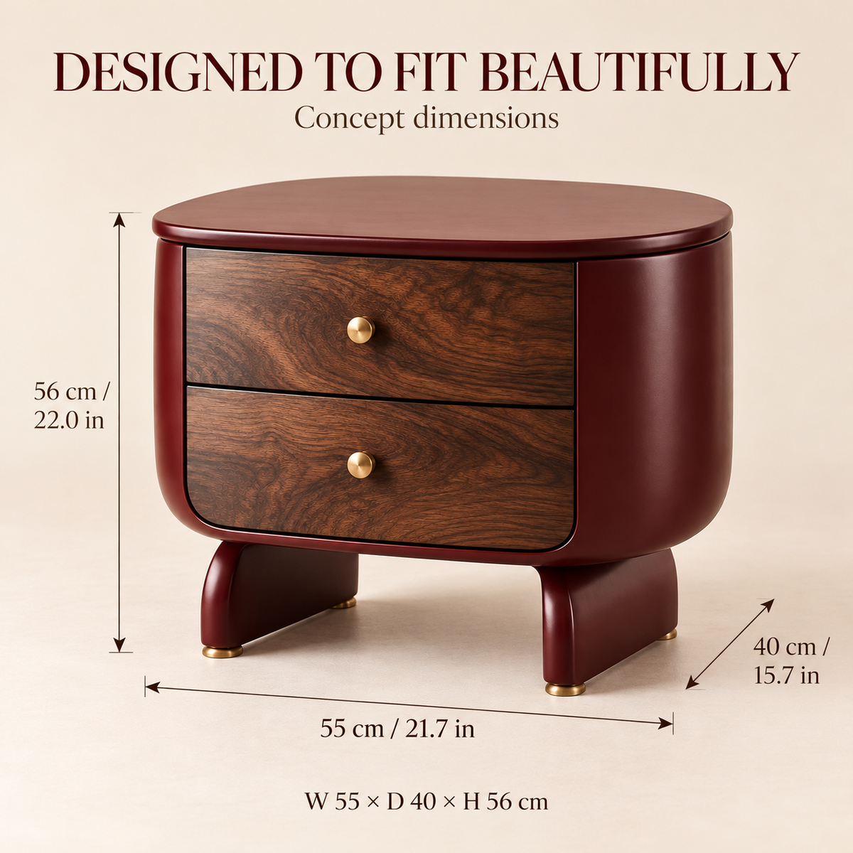 Retro Sculptural Walnut Bedside Table – Burgundy