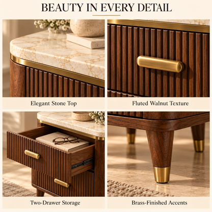 Fluted Walnut 2-Drawer Nightstand with Stone-Look Top