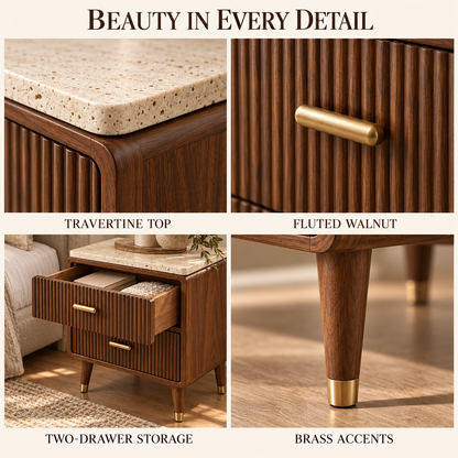 Travertine-Top Fluted Walnut 2-Drawer Nightstand