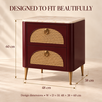 Burgundy Cane Front Nightstand with Marble-Style Top