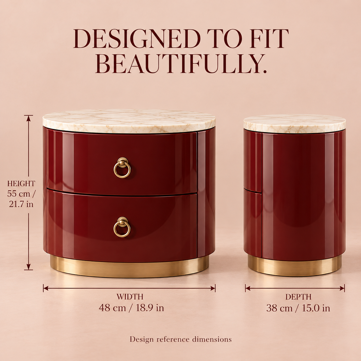 Burgundy Oval Marble-Top Nightstand with Brass Ring Pulls