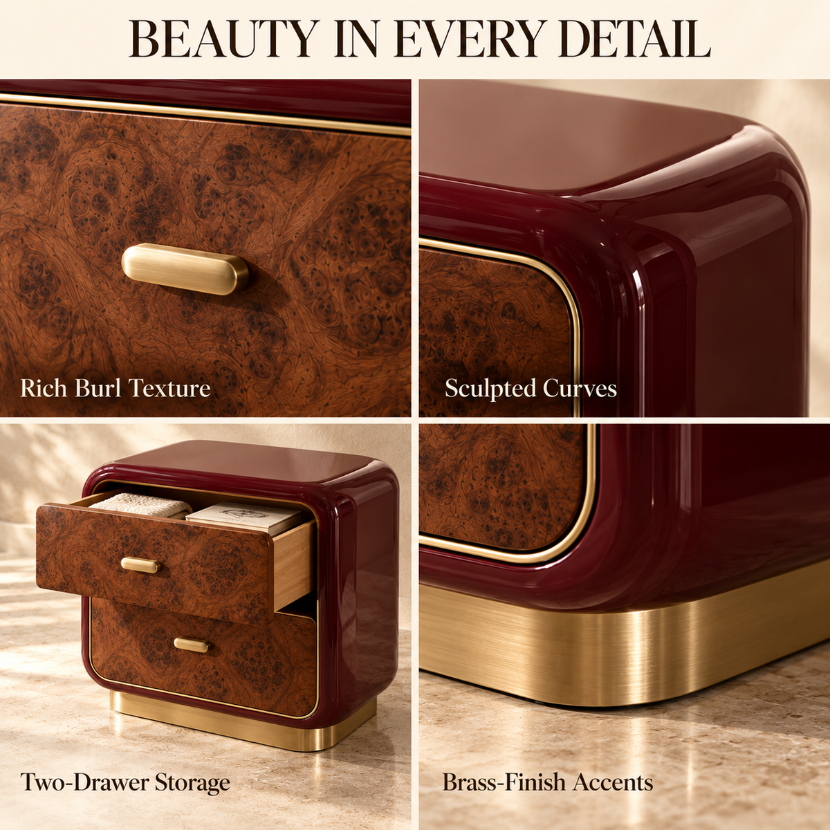 Sculptural Burgundy Burl Wood Nightstand with Brass Accents