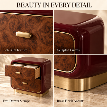 Sculptural Burgundy Burl Wood Nightstand with Brass Accents