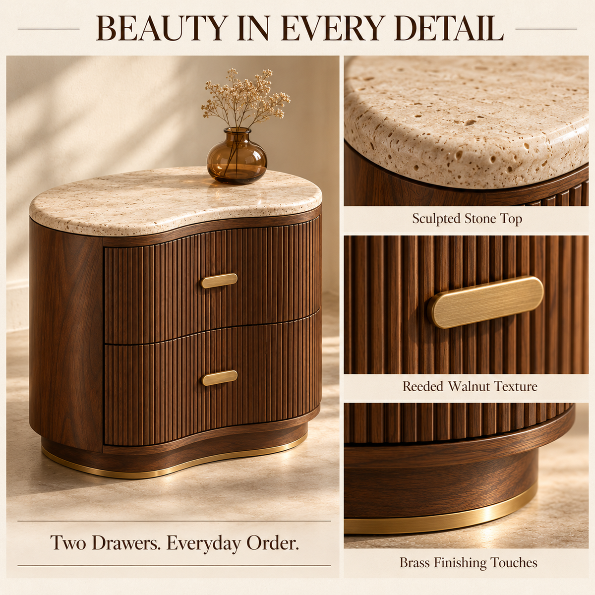 Reeded Walnut Nightstand with Stone-Inspired Top & Brass Accents