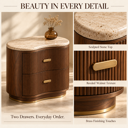 Reeded Walnut Nightstand with Stone-Inspired Top & Brass Accents