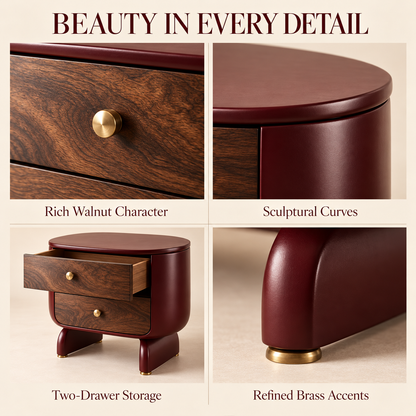 Retro Sculptural Walnut Bedside Table – Burgundy