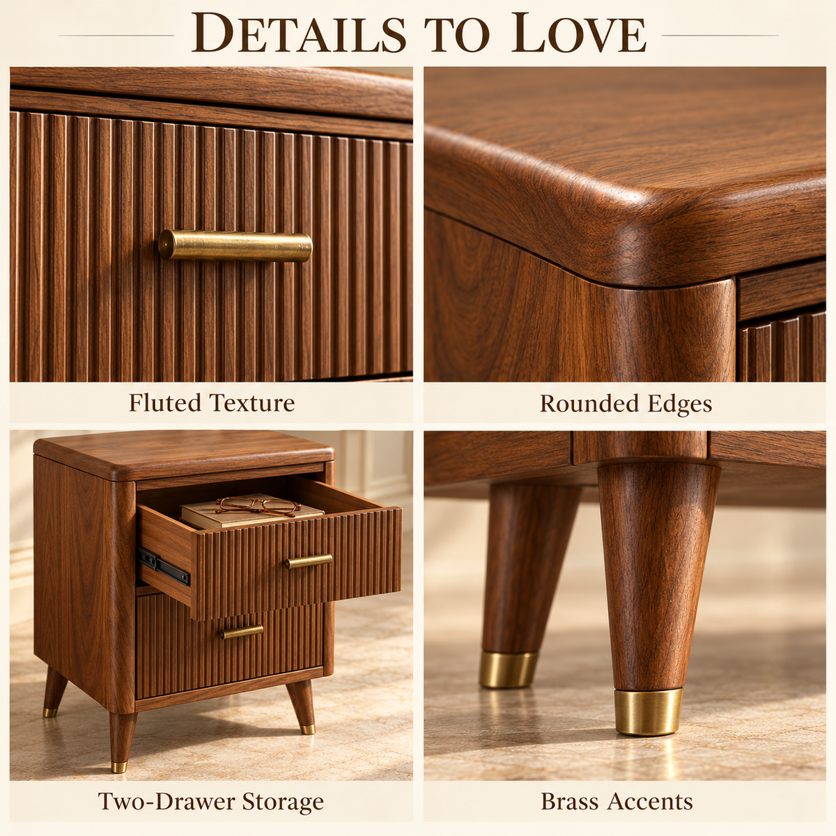 Fluted Walnut Bedside Table with Brass Accents