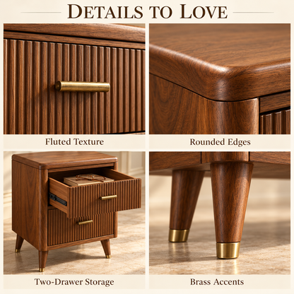 Fluted Walnut Bedside Table with Brass Accents