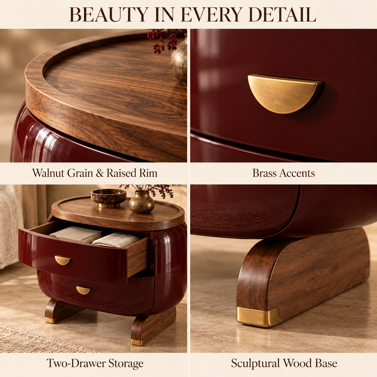 Sculptural Burgundy Walnut Bedside Table with Brass Accents