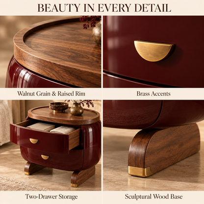 Sculptural Burgundy Walnut Bedside Table with Brass Accents
