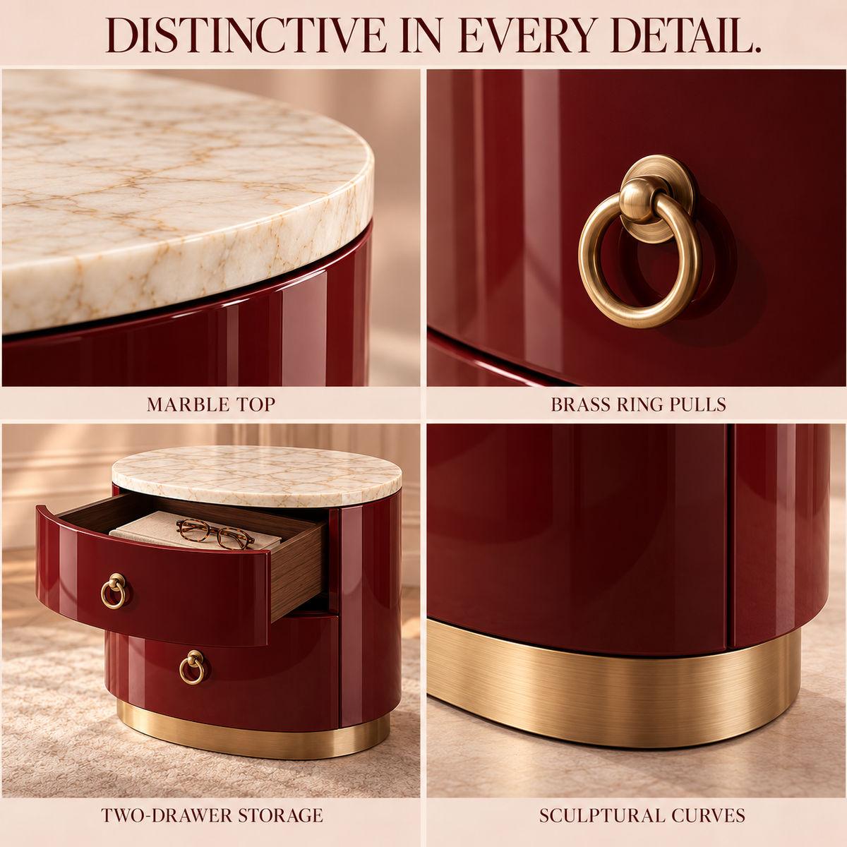 Burgundy Oval Marble-Top Nightstand with Brass Ring Pulls