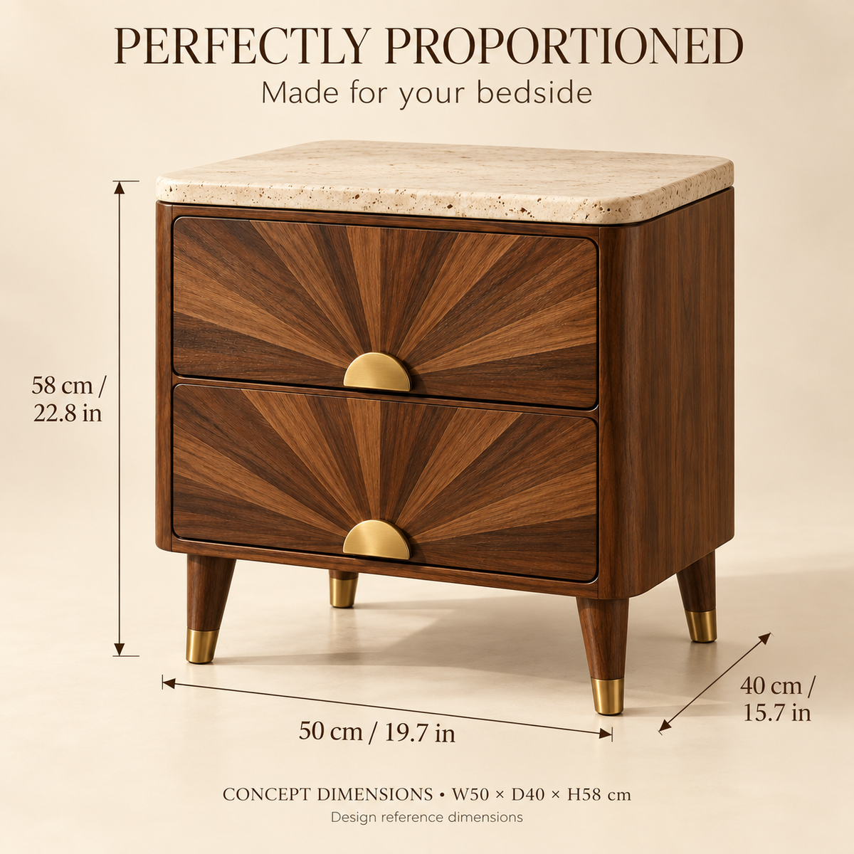 Vintage Sunburst Walnut Nightstand with Travertine Top