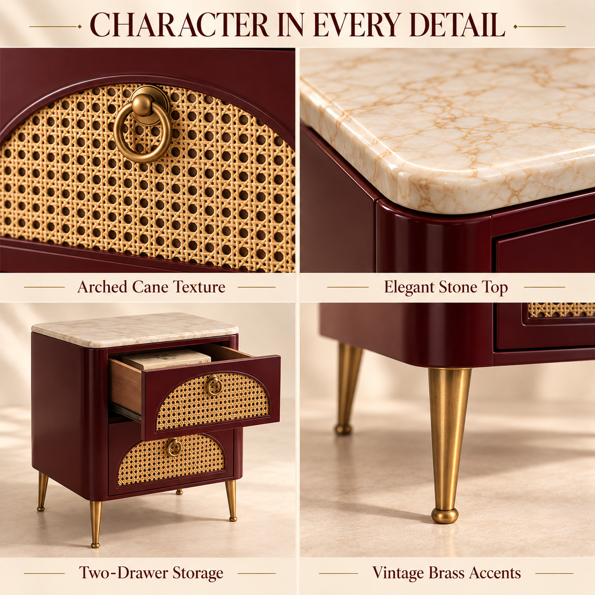 Burgundy Cane Front Nightstand with Marble-Style Top