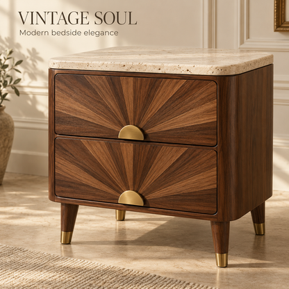 Vintage Sunburst Walnut Nightstand with Travertine Top